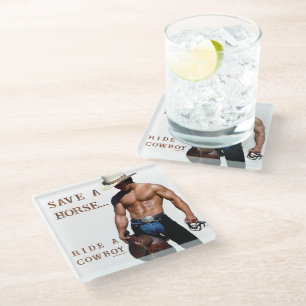 SlipperyJoe's Save a horse Ride A Cowboy hat muscu Glass Coaster