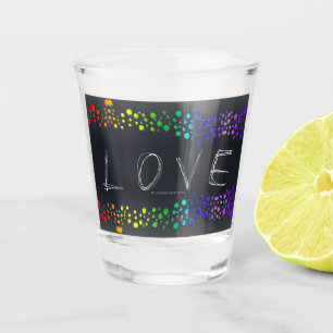 SlipperyJoe's scribbled love word rainbow gradient Shot Glass