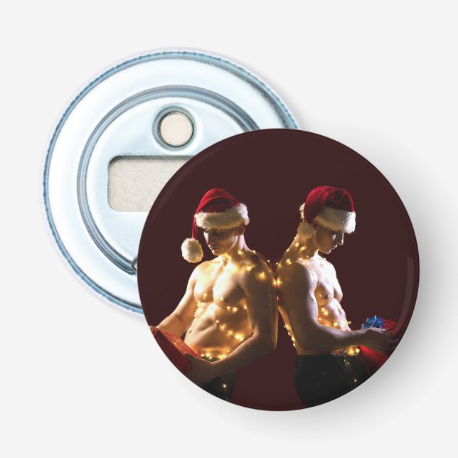 SlipperyJoe's shirtless men back-to-back Christmas Bottle Opener (Front)