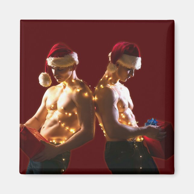 SlipperyJoe's shirtless men back-to-back Christmas Magnet (Front)