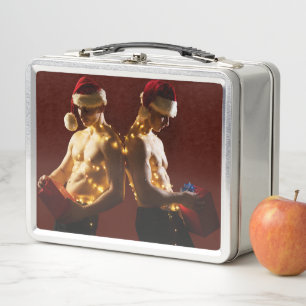 SlipperyJoe's shirtless men back-to-back Christmas Metal Lunch Box