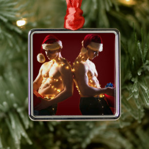SlipperyJoe's shirtless men back-to-back Christmas Metal Ornament