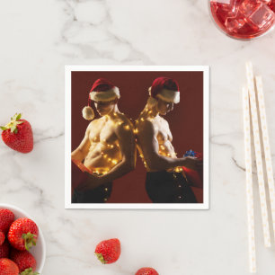 SlipperyJoe's shirtless men back-to-back Christmas Napkin