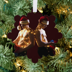 SlipperyJoe's shirtless men back-to-back Christmas Ornament Card