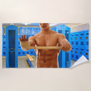 SlipperyJoe's shirtless muscular man abs chest sho Beach Towel