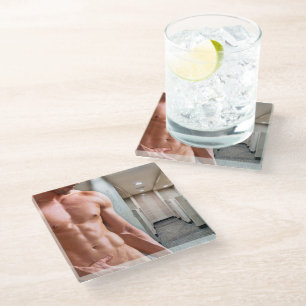 SlipperyJoe's shirtless muscular man torso sixpack Glass Coaster