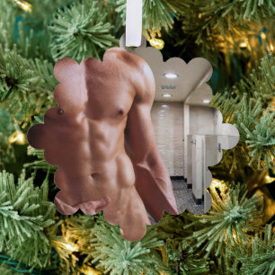 SlipperyJoe's shirtless muscular man torso sixpack Ornament Card