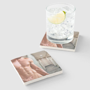 SlipperyJoe's shirtless muscular man torso sixpack Stone Coaster