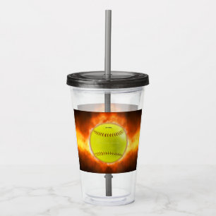 SlipperyJoe's softball on fire flames fireball ras Acrylic Tumbler