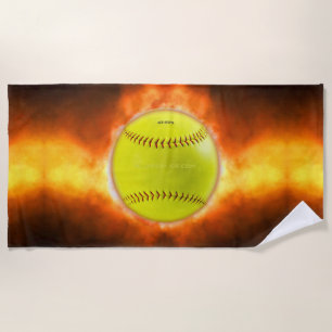 SlipperyJoe's softball on fire flames fireball ras Beach Towel