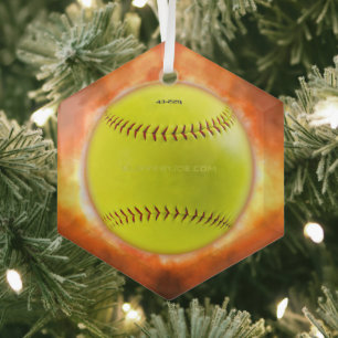 SlipperyJoe's softball on fire flames fireball ras Glass Ornament