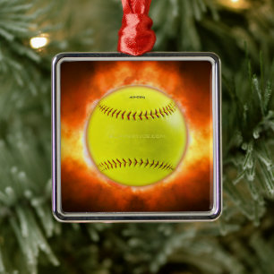 SlipperyJoe's softball on fire flames fireball ras Metal Ornament
