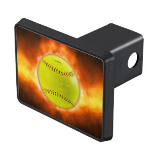 SlipperyJoe's softball on fire flames fireball ras Trailer Hitch Cover