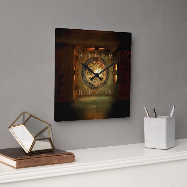 SlipperyJoe's steampunk-themed New Year round meta Square Wall Clock (Office)