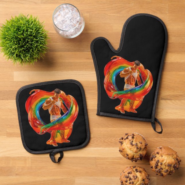 SlipperyJoe's striking modern Pride-themed masculi Oven Mitt & Pot Holder Set (Top Down)