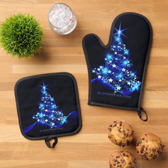SlipperyJoe's stylized glowing Christmas tree brig Oven Mitt & Pot Holder Set (Top Down)