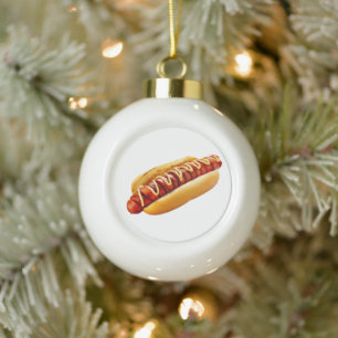 SlipperyJoe's summer BBQ vibe hot dog nestled soft Ceramic Ball Christmas Ornament