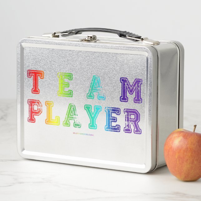 SlipperyJoe's Team Player words gradient rainbow c Metal Lunch Box (In Situ)