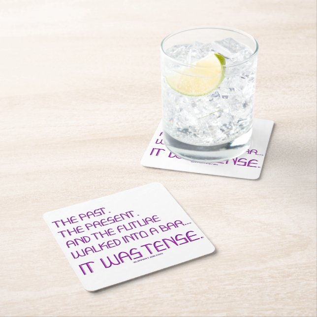 SlipperyJoe's tense word past future purple funny  Square Paper Coaster (Insitu)
