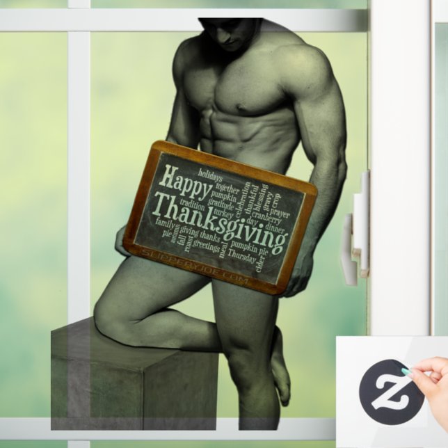 SlipperyJoe's Thanksgiving tradition muscular male Window Cling (Home)