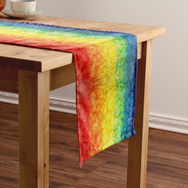 SlipperyJoe's tie-dyed flag rainbow pressed into s Short Table Runner (In Situ)