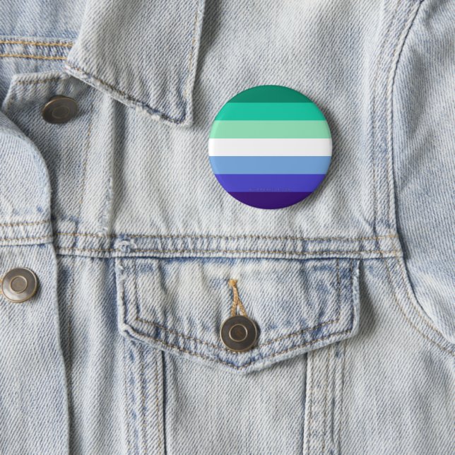 SlipperyJoe's Trans-Inclusive Gay Men's Pride Flag 2 Inch Round Button (In Situ)