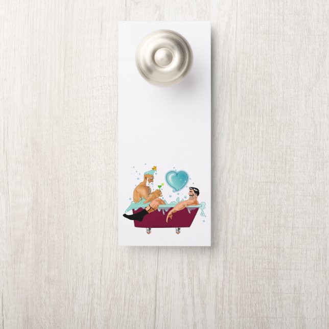 SlipperyJoe's two gay men love cartoon bathtub soa Door Hanger (On Knob)