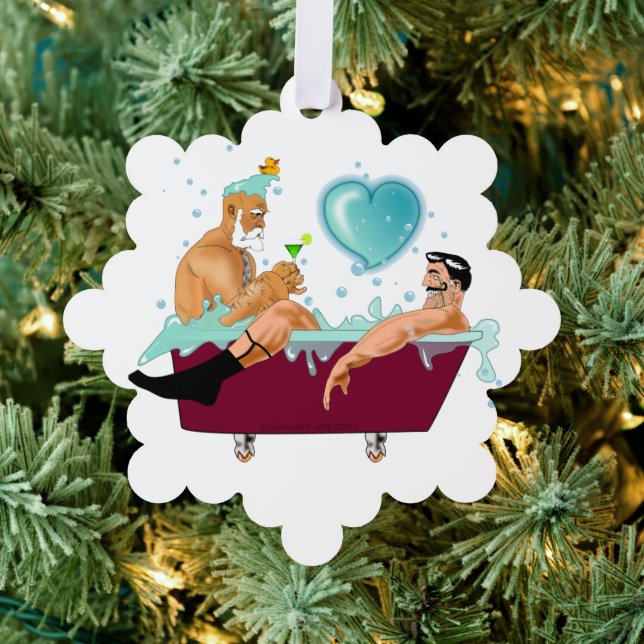 SlipperyJoe's two gay men love cartoon bathtub soa Ornament Card (Insitu (Tree))