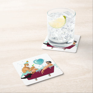 SlipperyJoe's two gay men love cartoon bathtub soa Square Paper Coaster