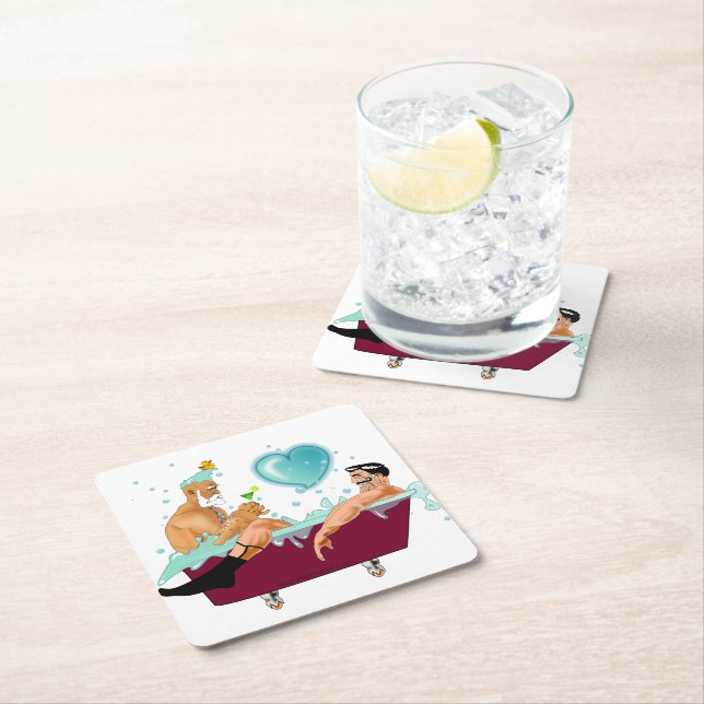 SlipperyJoe's two gay men love cartoon bathtub soa Square Paper Coaster (Insitu)