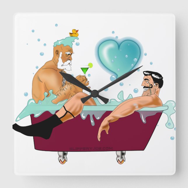 SlipperyJoe's two gay men love cartoon bathtub soa Square Wall Clock (Front)