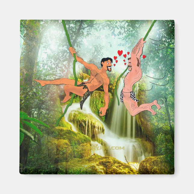 SlipperyJoe's two hairy men kissing hearts cartoon Magnet (Front)