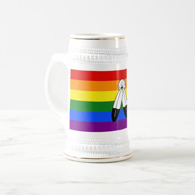 SlipperyJoe's two-spirit pride flag Indigenous sym Beer Stein (Front Left)