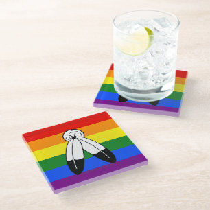 SlipperyJoe's two-spirit pride flag Indigenous sym Glass Coaster
