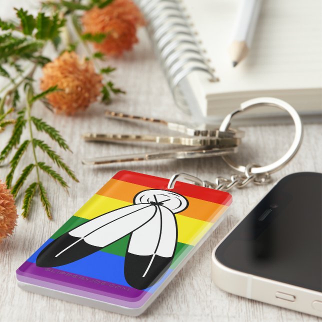 SlipperyJoe's two-spirit pride flag Indigenous sym Keychain (Front Right)