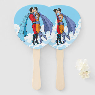 Slipperyjoe's two superheroes kissing characters f hand fan