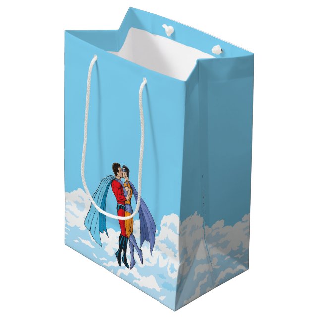 Slipperyjoe's two superheroes kissing characters f medium gift bag (Front Angled)