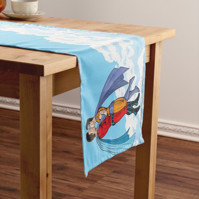 Slipperyjoe's two superheroes kissing characters f short table runner (In Situ)