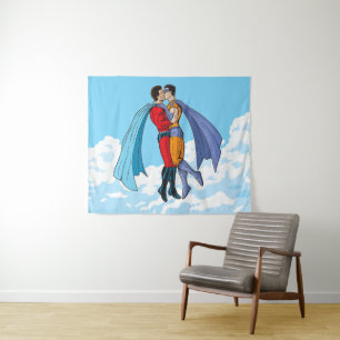 Slipperyjoe's two superheroes kissing characters f tapestry