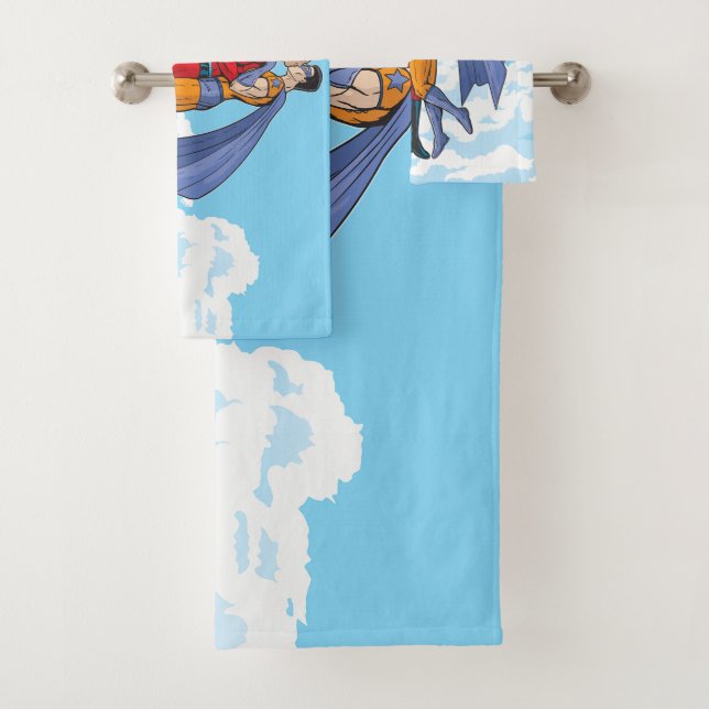 SlipperyJoe's two superheroes kissing flying carto Bath Towel Set (Insitu)