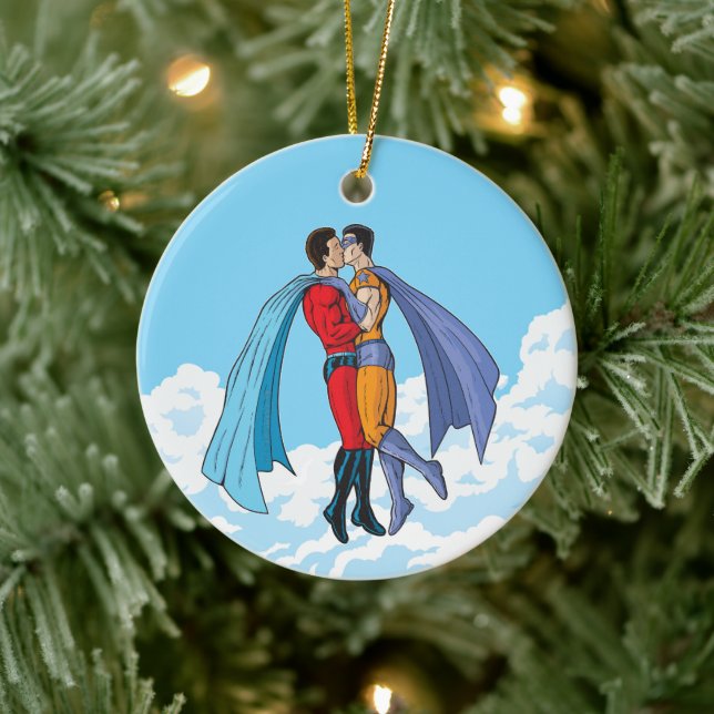 SlipperyJoe's two superheroes kissing flying carto Ceramic Ornament (Tree)