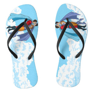 SlipperyJoe's two superheroes kissing flying carto Flip Flops
