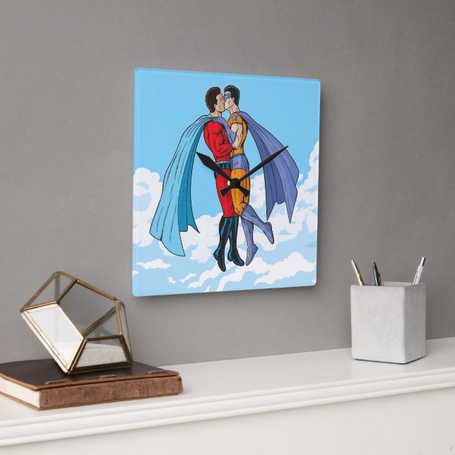 SlipperyJoe's two superheroes kissing flying carto Square Wall Clock (Office)