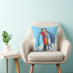 SlipperyJoe's two superheroes kissing flying carto Throw Pillow