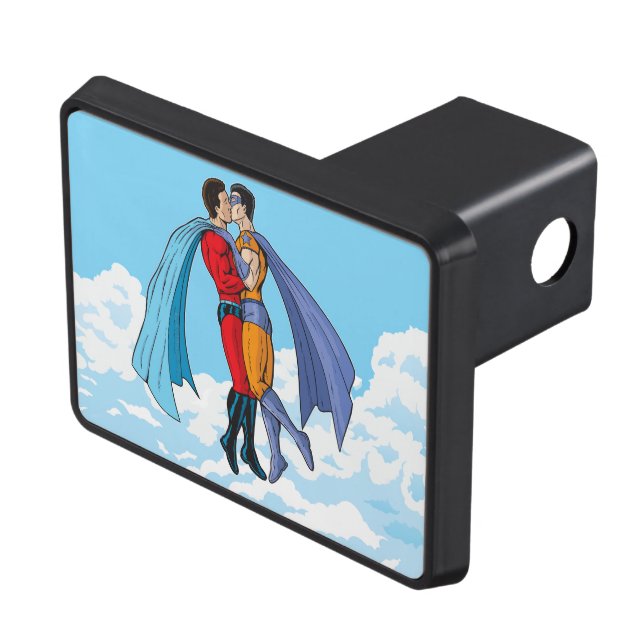 SlipperyJoe's two superheroes kissing flying carto Trailer Hitch Cover (Top Right)