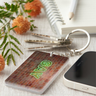 SlipperyJoe's vibrant neon gay sign green bricks w Keychain