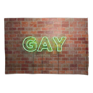 SlipperyJoe's vibrant neon gay sign green bricks w Pillowcase