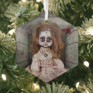 SlipperyJoe's vintage haunted porcelain doll creep Glass Ornament