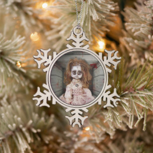SlipperyJoe's vintage haunted porcelain doll creep Snowflake Pewter Christmas Ornament