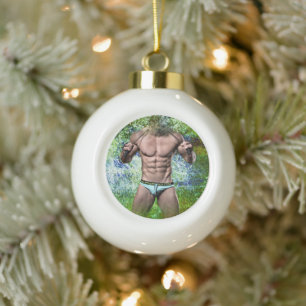 SlipperyJoe's white muscular sexy man speedo black Ceramic Ball Christmas Ornament